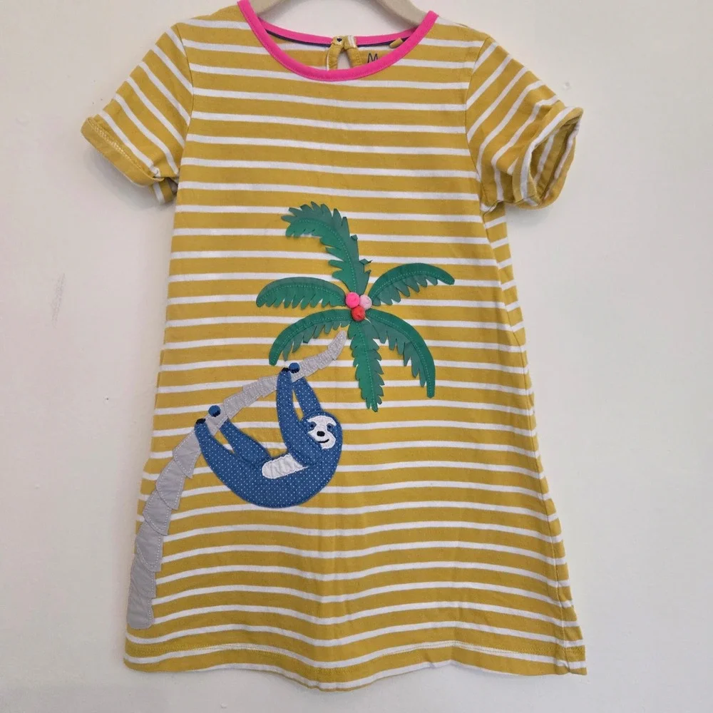 Mini Boden Girls Yellow Striped Sloth Palm Tree Applique Jersey Dress 4-5Y 110cm